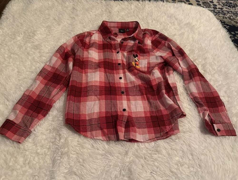 Disney Mickey Mouse Embroidered Red Plaid Flannel Button Up Shirt XS‎